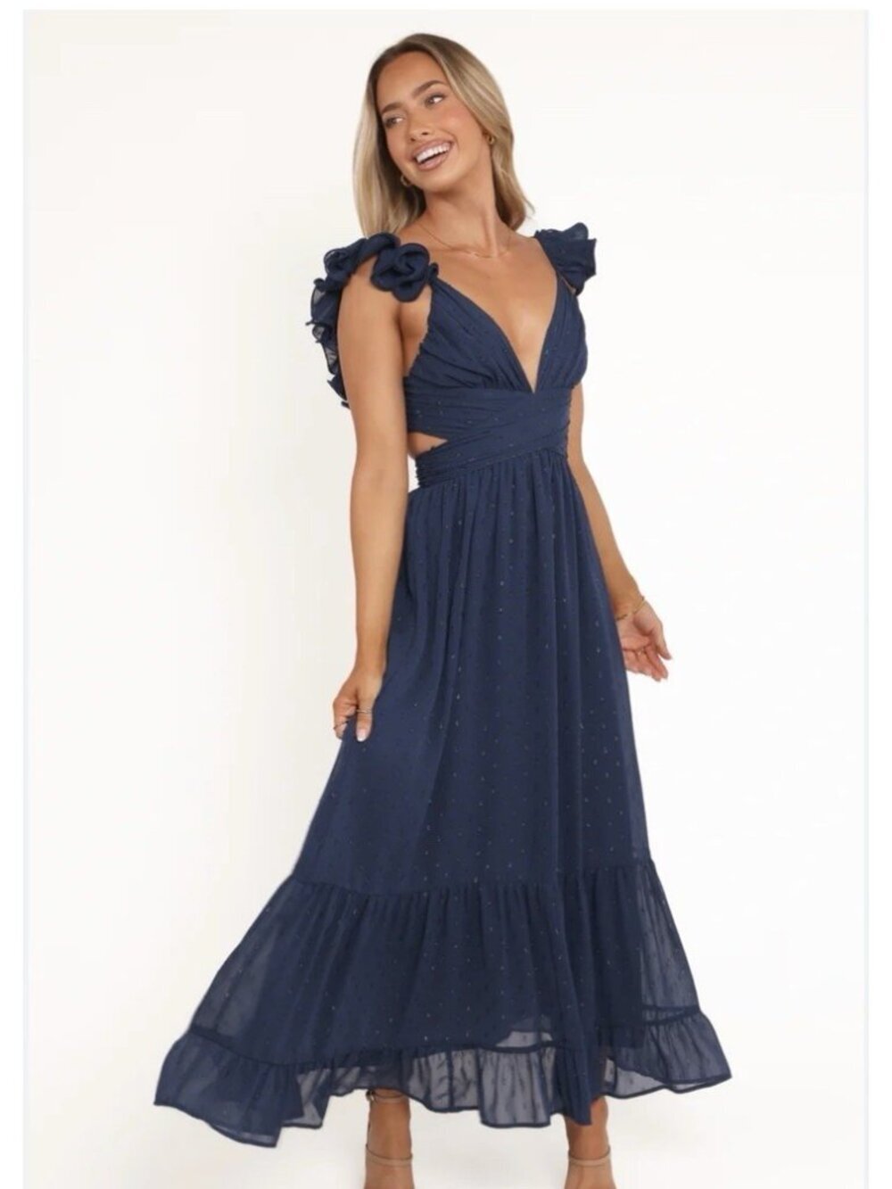 Petal + Pup Navy Glitter Ruffle Maxi Dress Deep V Lace Up Back Gala Sz L - Picture 1 of 12